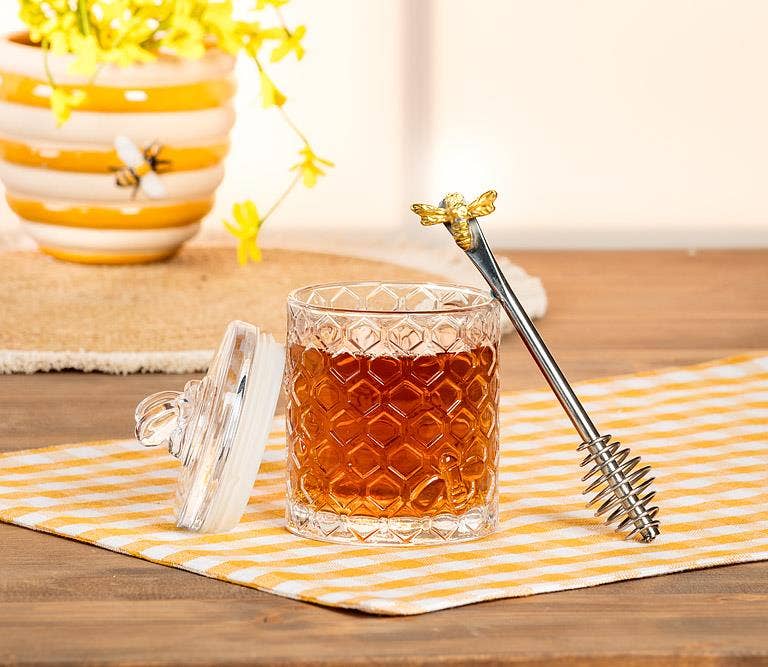 Honeycomb Jar with Bee on Sealed Lid-5"H